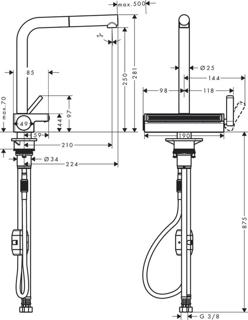 Змішувач hansgrohe Aquno Select M81 для кухонної мийки з висувним душем, чорний матовий 73836670 - Фото 4 Змішувач hansgrohe Aquno Select M81 для кухонної мийки з висувним душем, чорний матовий 73836670 - изображение 4