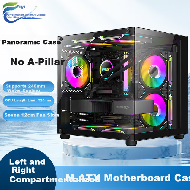 Игровой компьютерный корпус Ziyi Seaview Black (для материнской платы M-ATX/система водяного охлаждения 240 мм/7 слотов для вентиляторов) - изображение 3