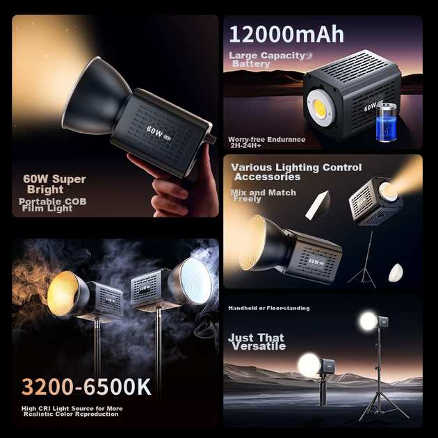 CRENOV [12000mAh] 60W Двоколірний COB Заповнювальний Ламповий Світильник із Вбудованим Батареєю, Настільний Трансляційний Професійний Фотостудійний Одяг Студійне Безперервне Освітлення Приміщень Фотозйомка Портативний Заповнювальний Ламповий Світильник - изображение 6