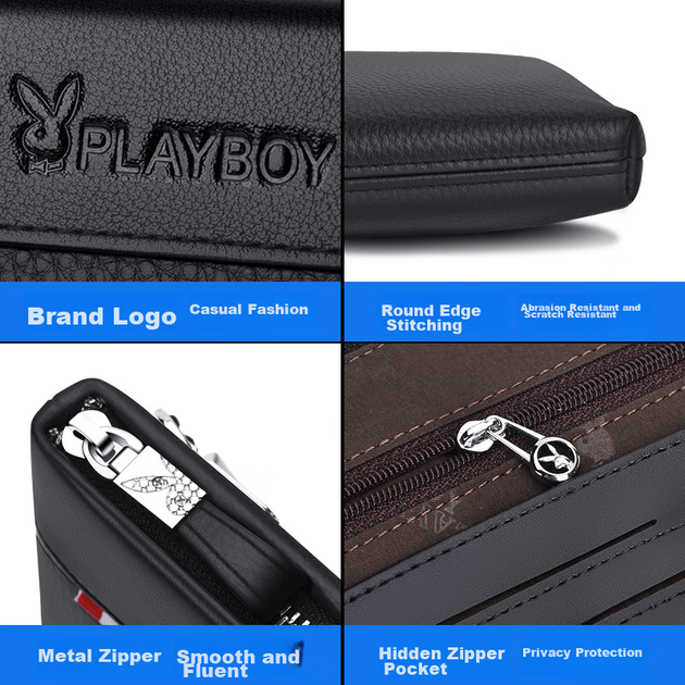 Чоловіча сумка-клатч PLAYBOY, портфель-сумка з високоякісної шкіри, ділова сумка з натуральної шкіри, портативний клатч великої місткості для подорожей - зображення 9