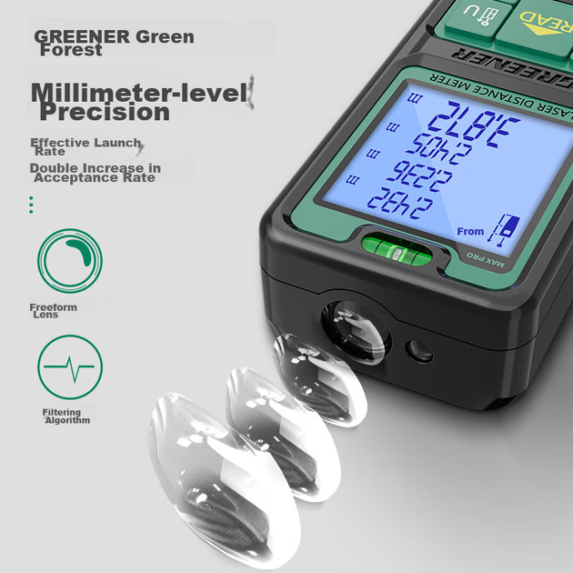Лазерный дальномер GREENER с инфракрасным датчиком расстояния, электронная измерительная лента, инструмент для измерения расстояния в помещении с точностью до 50 см и двумя горизонтальными пузырьковыми уровнями. - изображение 11