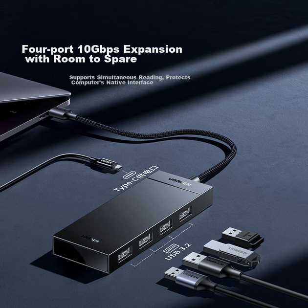 Концентратор UGREEN USB3.2, високошвидкісна док-станція розширення 10 Гбіт/с, багатопортовий концентратор, концентратор 3.2 Gen2, ноутбук та настільний комп'ютер, конвертер подовжувального кабелю з одним портом - изображение 6