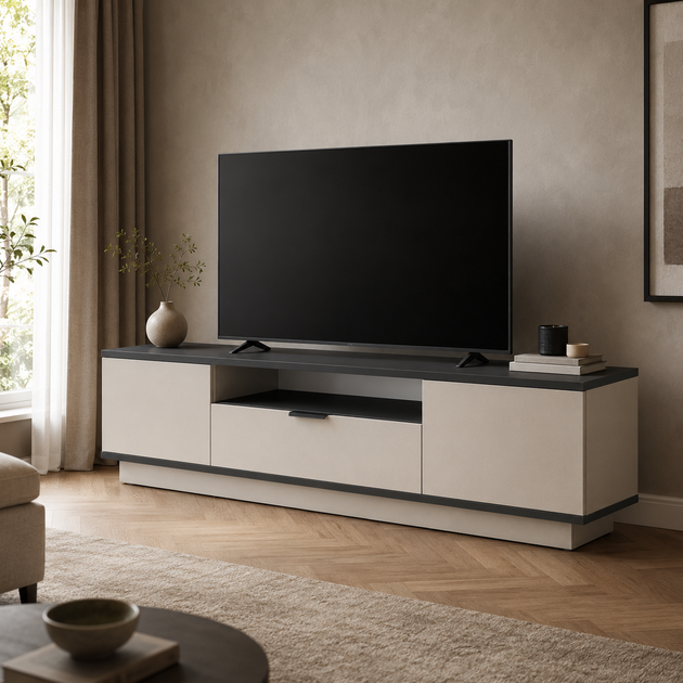 Сучасна ТВ-тумба Duna 1800x350x420 з шухлядою, відкритою нішею та закритими секціями для вітальні, спальні та зони відпочинку Кашемір/Антрацит - зображення 2