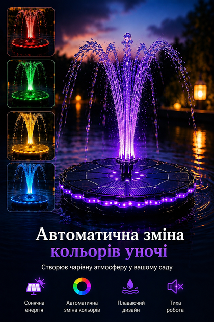 Фонтан на сонячній батареї з RGB підсвіткою 3.5W, 7 насадок, для ставка, басейну та саду - зображення 2