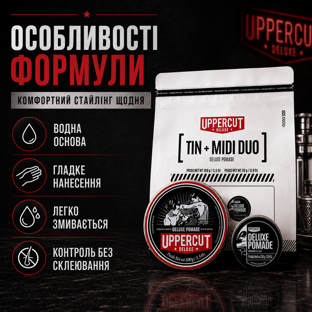 Подарунковий набір Uppercut Deluxe Tin & Midi Duo Deluxe Pomade 100 г + 30 г для укладання волосся, сильна фіксація, блиск - зображення 3