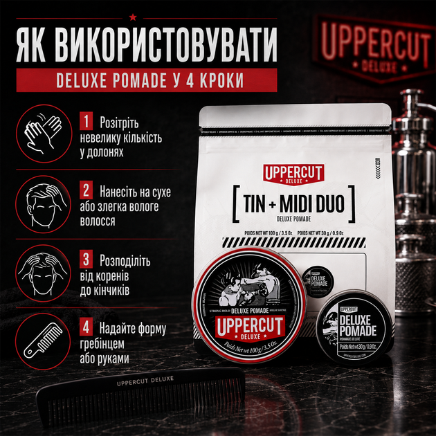 Подарунковий набір Uppercut Deluxe Tin & Midi Duo Deluxe Pomade 100 г + 30 г для укладання волосся, сильна фіксація, блиск - зображення 4