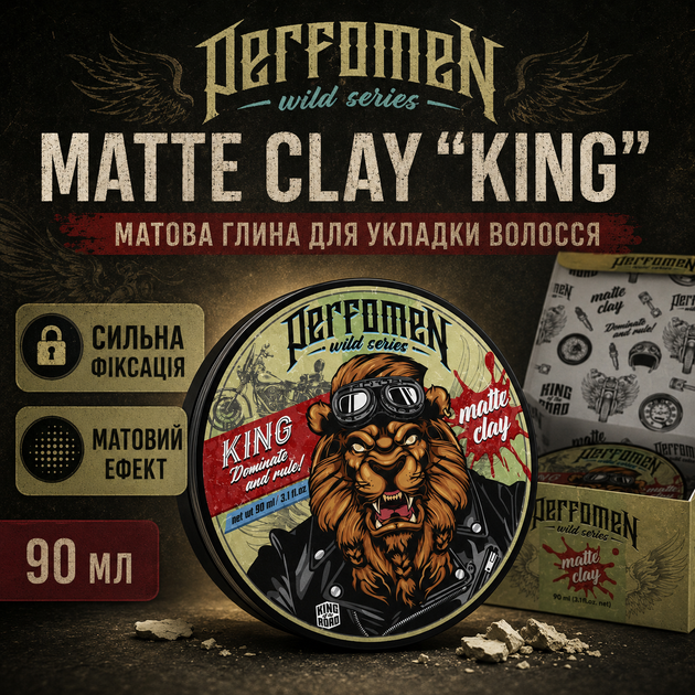 Матова глина для укладки волосся PerfomeN Matte Clay KING 90 мл сильна фіксація для короткого та середнього волосся - Фото 1 Матова глина для укладки волосся PerfomeN Matte Clay KING 90 мл сильна фіксація для короткого та середнього волосся - зображення 1