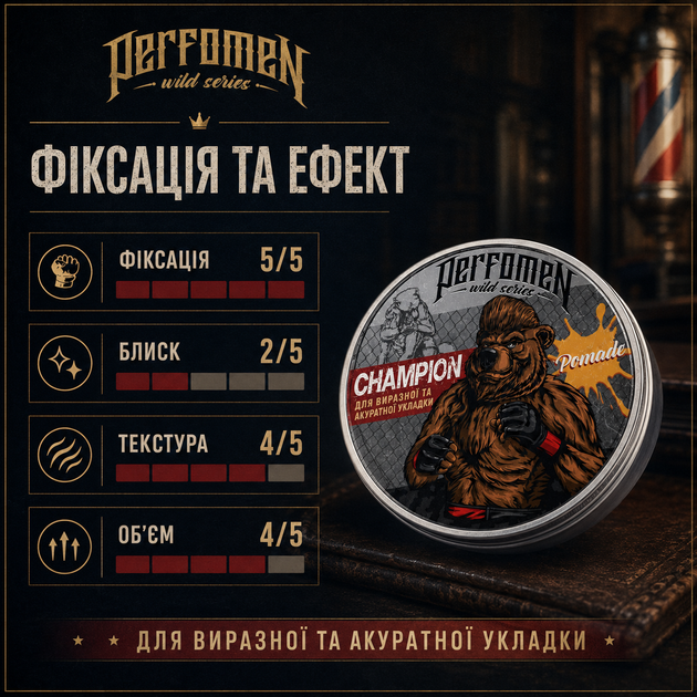 Помада для укладки волосся PerfomeN Pomade Champion 90 мл сильна фіксація на водній основі для будь-якої довжини - Фото 2 Помада для укладки волосся PerfomeN Pomade Champion 90 мл сильна фіксація на водній основі для будь-якої довжини - зображення 2