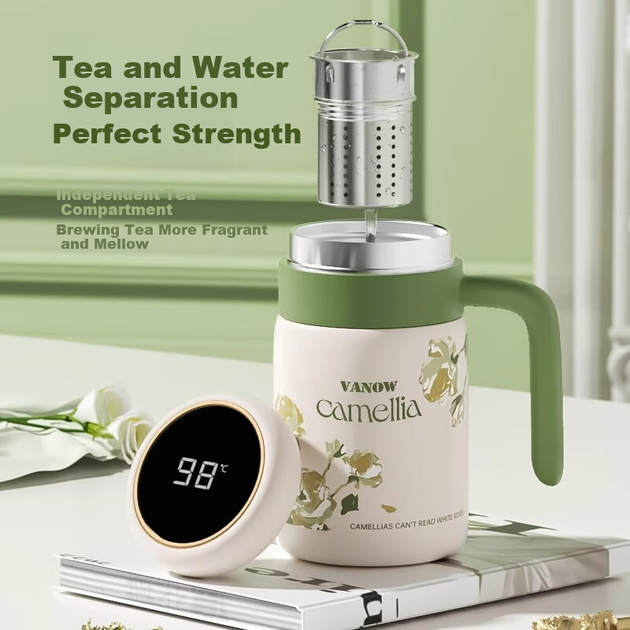 Термокружка Vanow Camellia для офиса, изготовленная из нержавеющей стали 316, с ситечком для заваривания чая, подарок на День учителя, отдельная кружка для чая и воды. - зображення 6