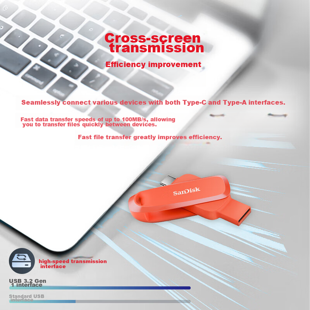 SanDisk 256GB Type-C USB3.2, мобильная флешка DDC6 фиолетового цвета, устройство хранения данных для телефонов и компьютеров, двухинтерфейсная флешка большой емкости - изображение 9