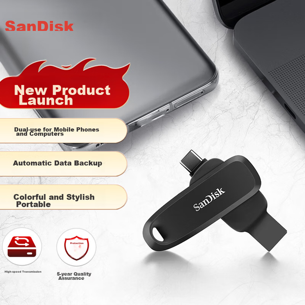 Мобільний флеш-накопичувач SanDisk 512 ГБ Type-C USB 3.2 DDC6 чорного кольору, USB-накопичувач великої ємності з двома інтерфейсами для телефонів та комп'ютерів - изображение 4
