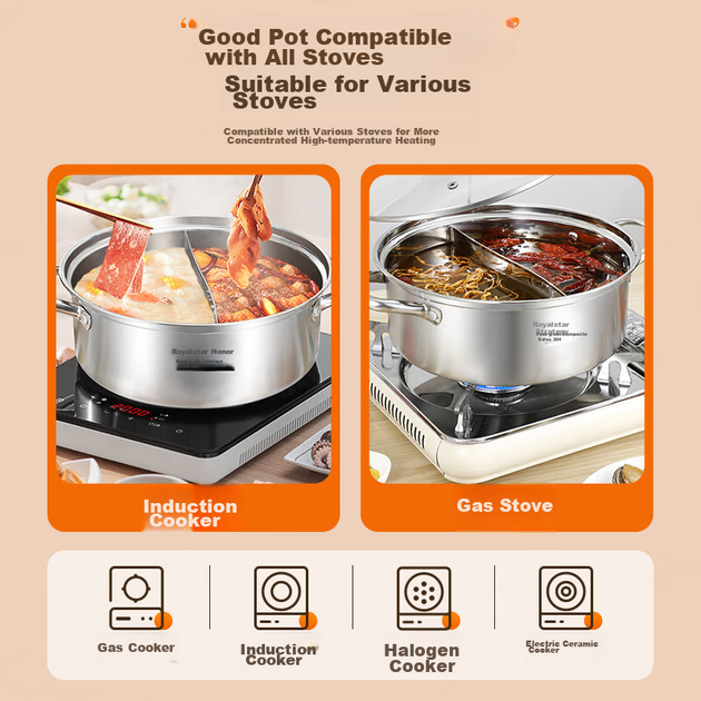 Кастрюля Royalstar Hot Pot из нержавеющей стали 304 для газовых/индукционных плит, 30см - изображение 10