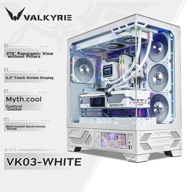 VALKYRIE VK03 WHITE Білий ігровий корпус ATX, підтримує водяне охолодження 360 мм, 6,2-дюймовий сенсорний екран, панорамний огляд 270° - изображение 4