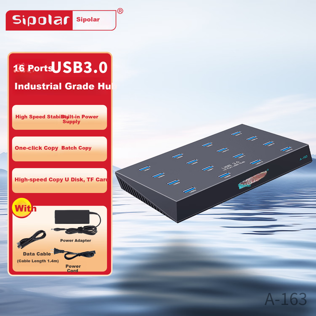 Док-станция расширения SIPOLAR USB3.0 Hub, высокоскоростной 16-портовый промышленный разветвитель A-163 (1,4 м), хаб для телефонов, компьютеров, планшетов, многопортовый адаптер с функцией зарядки и блоком питания. - изображение 4