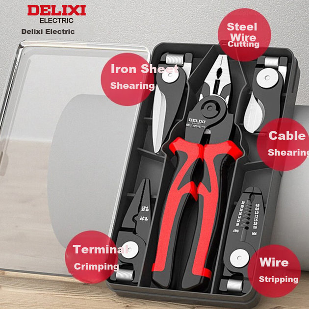 Многофункциональный набор плоскогубцев DELIXI ELECTRIC 5 дюймов, включающий кусачки для проводов, плоскогубцы, инструмент для зачистки проводов и обжимные плоскогубцы для электриков. - изображение 4