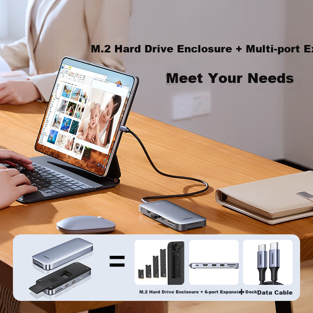 Корпус для жесткого диска UGREEN Type-C, адаптер HDMI для M.2 NVMe SSD, док-станция расширения 3.2 Hub, совместим с ноутбуками Macbook, Huawei и Lenovo. - изображение 4