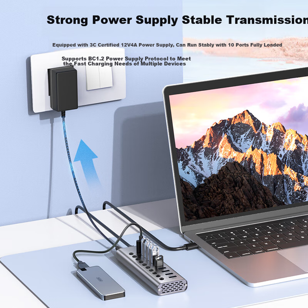 UNITEK USB 3.0 хаб, високошвидкісний 10-портовий розширювач, концентратор-хаб з блоком живлення, один перемикач керування, комп'ютерний інтерфейс, адаптер для док-станції з одним USB-портом H1315A - зображення 6