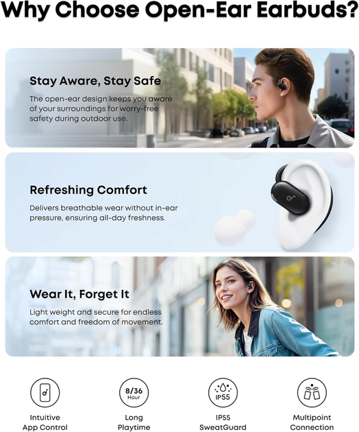 Бездротові навушники Anker Soundcore V20i Black відкриті Bluetooth 5.4 спортивні вологозахищені навушники з BassUp - зображення 8