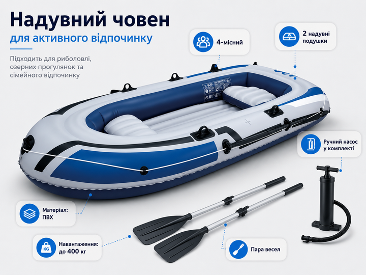 Надувная лодка 4-местная с веслами, насосом и подушками (223 х 125 х 40 см) - изображение 3