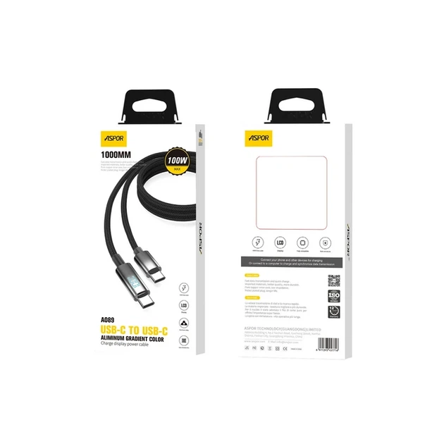 Кабель Aspor A089 Nylon Cable Wattage Display Type-C - Type-C 100W/1м- чорний - Фото 3 Кабель Aspor A089 Nylon Cable Wattage Display Type-C - Type-C 100W/1м- чорний - зображення 3