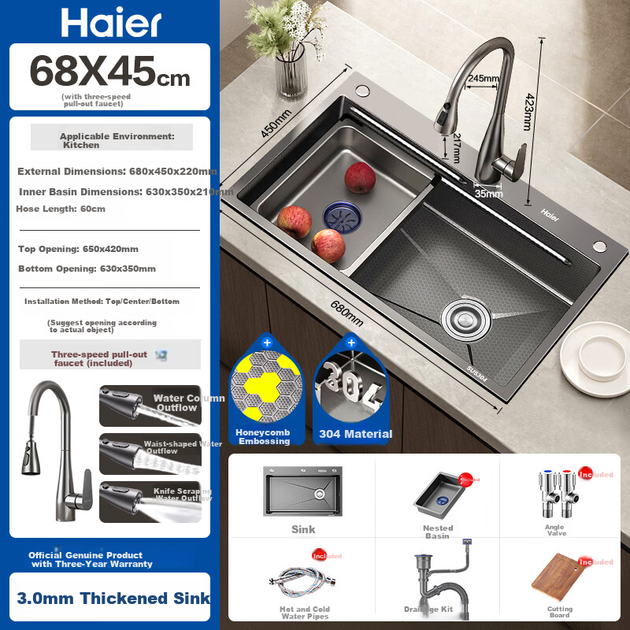 Велика мийка Haier з однією чашею, вбудована мийка для овочів, кухонна мийка з нержавіючої сталі 304, мийка для посуду Nano. - зображення 4