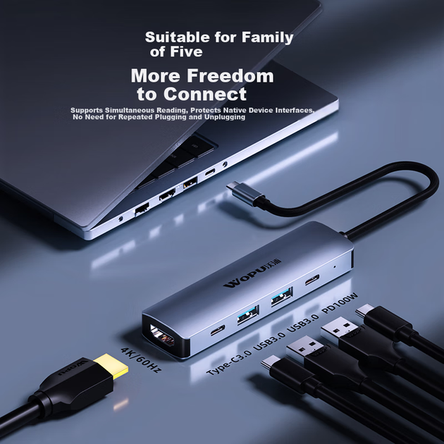 Док-станция расширения WOPU Type-C — HDMI, док-станция расширения 4K60Hz, многопортовый USB-конвертер, адаптер-разветвитель для Apple MacBook, ноутбуков Huawei, смартфонов, планшетов iPad. - изображение 7