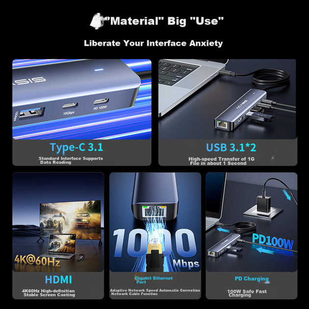 Док-станція розширення для робочого столу Acasis Type-C 3.2, порт HDMI, передача 10 Гбіт/с, 4K 60 Гц, порт Gigabit Ethernet, сумісна з Apple Mac Mini, 1 метр DS-9901M1 - зображення 4