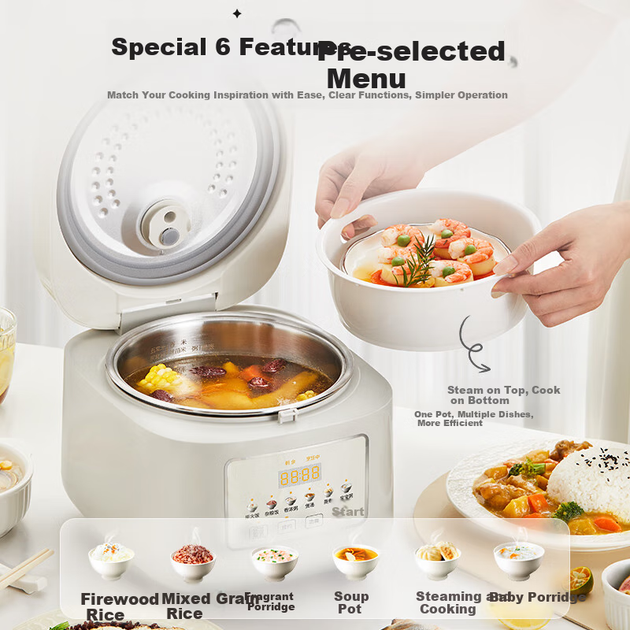 Рисоварка Midea, электрическая рисоварка объемом 3 л, кастрюля из нержавеющей стали 316L без покрытия, многофункциональная кастрюля для супа и каши на 2-3 персоны, рисоварка MB-RE387S - изображение 11