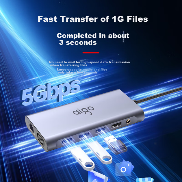 Док-станция расширения Aigo Type-C, USB 3.0-концентратор, адаптер гигабитного Ethernet-порта, конвертер HDMI/VGA, устройство чтения SD/TF-карт, блок питания PD100W, док-станция расширения T11 (металлический корпус) - изображение 5