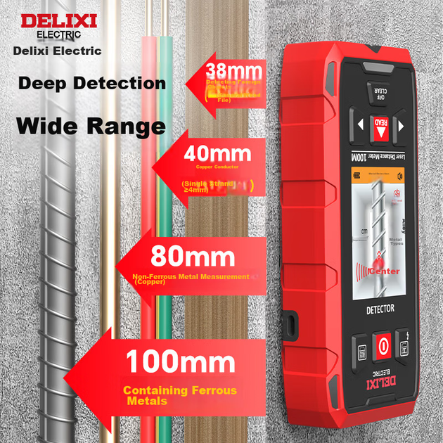 DELIXI ELECTRIC Многофункциональный настенный детектор для обнаружения металла, арматуры и древесины с красным светом на расстоянии до 100 метров - изображение 5