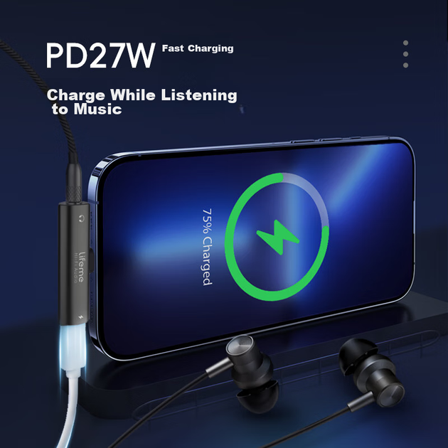 Адаптер для навушників Lifeme Charm Blue EA2 зі швидкою зарядкою та декодером, з невеликим хвостовиком, перетворювач Type-C на 3,5 мм для навушників, незалежний ЦАП, сумісний з Meizu, Apple 16/Android/планшетом - изображение 7