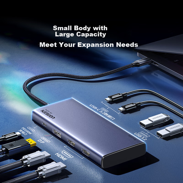 Док-станція UGREEN Type-C 3.2 з подвійним HDMI/DP та чотирма екранами, сумісна з USB-C та Thunderbolt 5, адаптер 10G, розширення для кількох екранів 4K 60 Гц, підходить для комп'ютерів Lenovo та Huawei MST - изображение 4