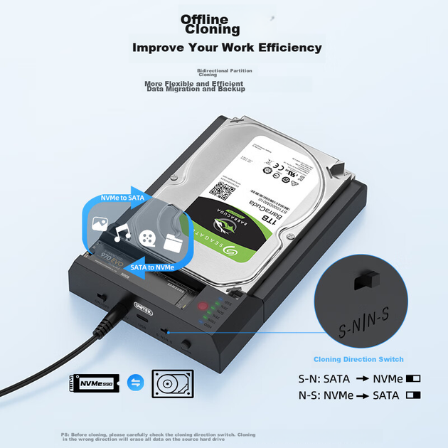 Пристрій для клонування жорстких дисків UNITEK M.2 NVMe/SATA, блок живлення для універсального двонаправленого клонування M2/2.5/3.5, зовнішній комп'ютерний твердотільний механічний жорсткий диск HDD/SSD S1311A - зображення 6