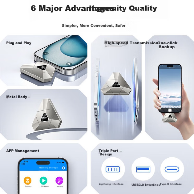 USB-флеш-накопичувач EAGET для розширення телефону, 256 ГБ, USB 3.0, I90 Silver, сумісний з телефонами Apple, Type-C, подвійне використання для телефону та комп'ютера, пристрій резервного копіювання - изображение 4