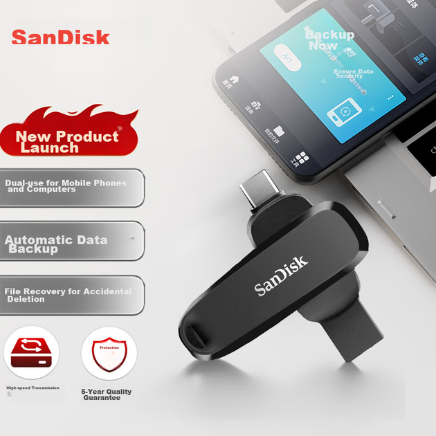 SanDisk 128GB Type-C USB3.2, мобильный флеш-накопитель DDC6 черный, для телефонов и компьютеров, двухинтерфейсный флеш-накопитель большой емкости - изображение 4