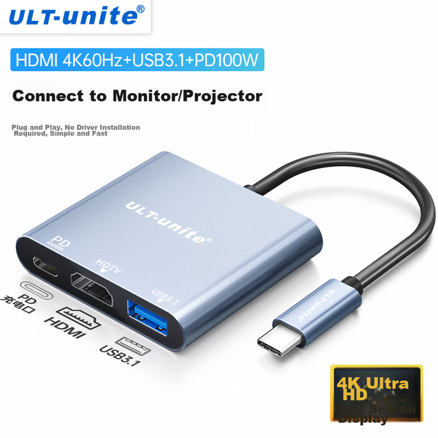 Док-станция ULT-unite FGL1330-1804 3 в 1 Type-C с HDMI 4K60, USB 3.1 и PD 100 Вт, 0.15 м - изображение 10