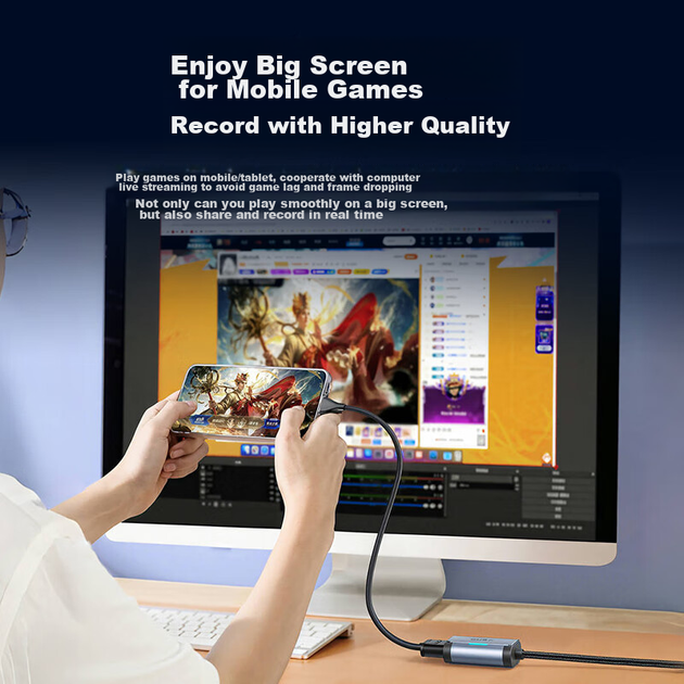 Відеокарта Llano HDMI, вхід високої чіткості 4K, сумісна з Switch/NS/PS5/4, для ігрових телефонів та камер, пряма трансляція та запис, пристрій захоплення з двома виходами USB 3.0/Type-C для комп'ютера - изображение 8