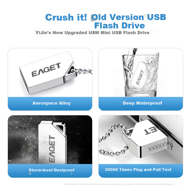 Флеш-накопитель EAGET 64 ГБ USB 2.0 U8M, металлический, миниатюрный, водонепроницаемый, портативный, креативный, персонализированный, для автомобиля, для учебы, работы в офисе и ведения бизнеса, серебристый. - изображение 7