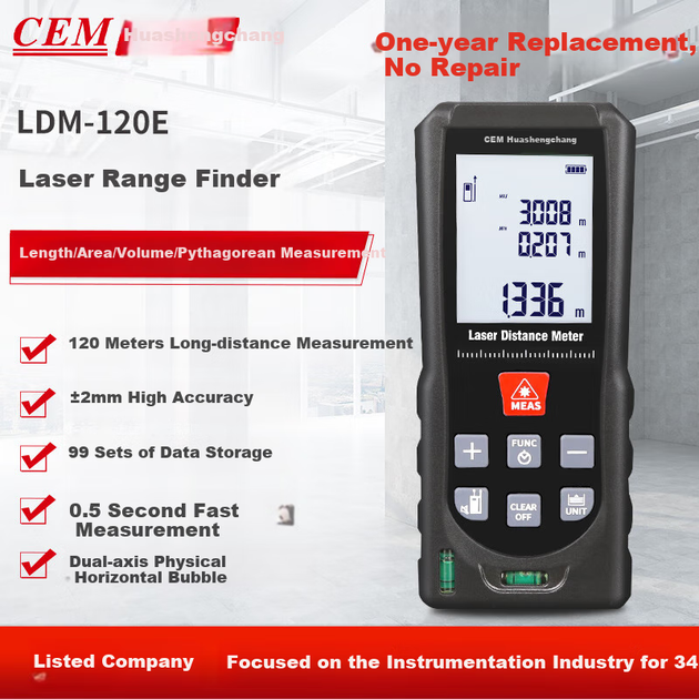 Лазерный дальномер CEM LDM-120E, портативная высокоточная электронная линейка, измерительный прибор для помещений, двухкоординатное нивелирование, 120 метров. - Фото 4 Лазерный дальномер CEM LDM-120E, портативная высокоточная электронная линейка, измерительный прибор для помещений, двухкоординатное нивелирование, 120 метров. - изображение 4