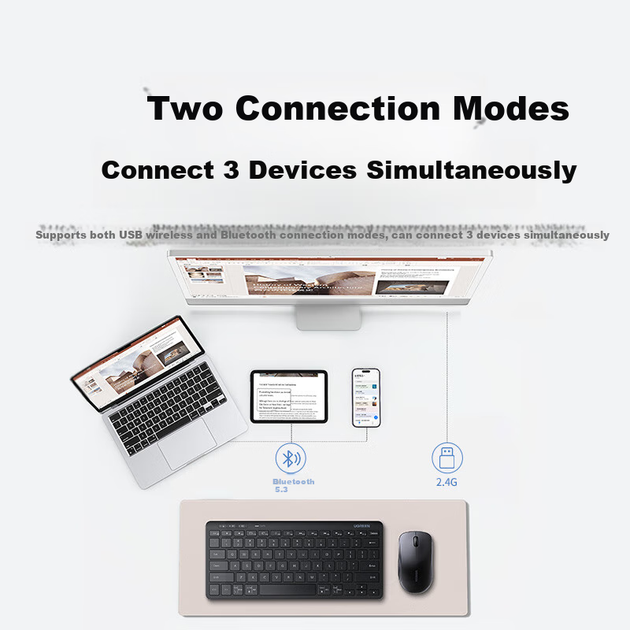 Клавиатура беспроводная UGREEN Мультидевайс Slim Silent Wireless/Bluetooth - Фото 5 Клавиатура беспроводная UGREEN Мультидевайс Slim Silent Wireless/Bluetooth - изображение 5