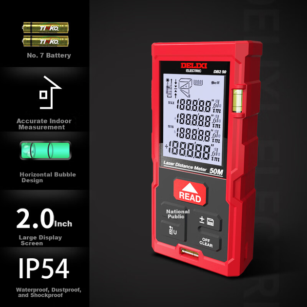 Лазерный дальномер DELIXI ELECTRIC, портативный, высокоточный, инфракрасный, с двухуровневым пузырьковым датчиком, для измерения расстояния в помещении, для домашнего использования, работает от батареек, дальность действия 50 метров. - изображение 4