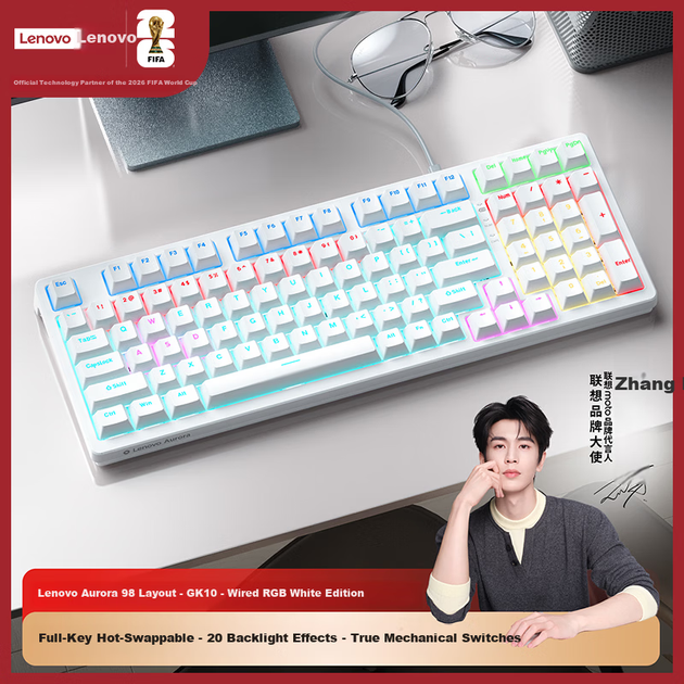 Клавіатура Lenovo GK10 з 98 клавішами, механічна, гаряча заміна, RGB-підсвічування, 20 режимів, дротова, ігрова, офісна, серія Aurora, 98-клавішна, білий, змішаний, синій перемикач - зображення 4