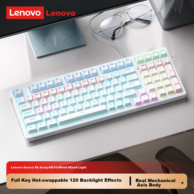 Механічна клавіатура Lenovo GK10 98L, повна гаряча заміна, 20 ефектів підсвічування, ігрова та офісна комп'ютерна клавіатура, дротова версія серії Aurora з 98-клавішним розташуванням клавіш, білі змішані світло-коричневі перемикачі - зображення 4