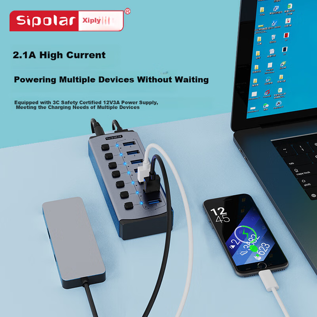 Хаб-док-станція SIPOLAR USB3.0 7 портів з живленням 36Вт для ноутбука FS-801 - зображення 6