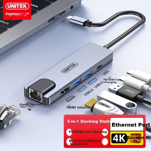 Адаптер UNITEK для розширення док-станції Type-C на порт Ethernet, конвертер мережевого кабелю HDMI із швидкою зарядкою PD, конвертер RJ45 для ноутбуків, телефонів, планшетів Apple, Huawei, адаптер мережевого порту - изображение 10