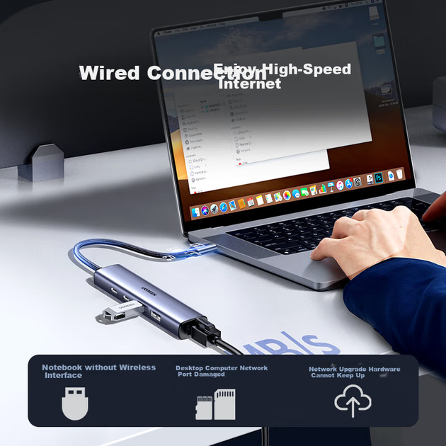 UGREEN USB 3.0 - Gigabit Ethernet адаптер-хаб, сплітер, мережевий кабель-конвертер [порт даних Type-C] RJ45 конвертер, розширення, док-станція для ноутбуків і настільних комп'ютерів - изображение 4