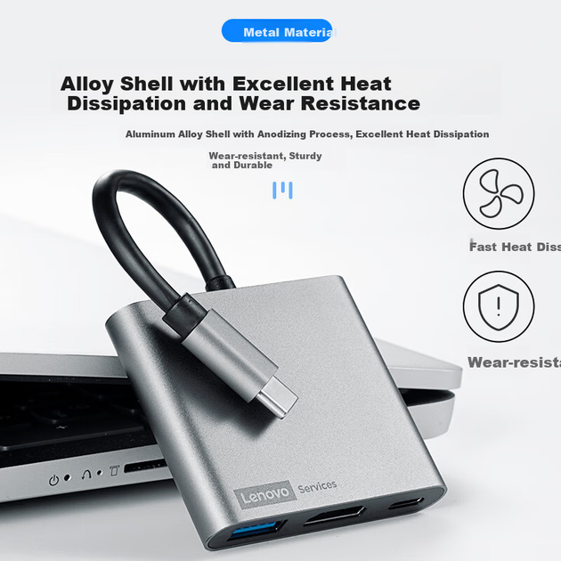 Док-станция Lenovo Type-C, USB-концентратор, HDMI-адаптер 4K, преобразователь PD 100 Вт, док-станция для ноутбука и телефона с проектором BY03 (металлический корпус) - изображение 5