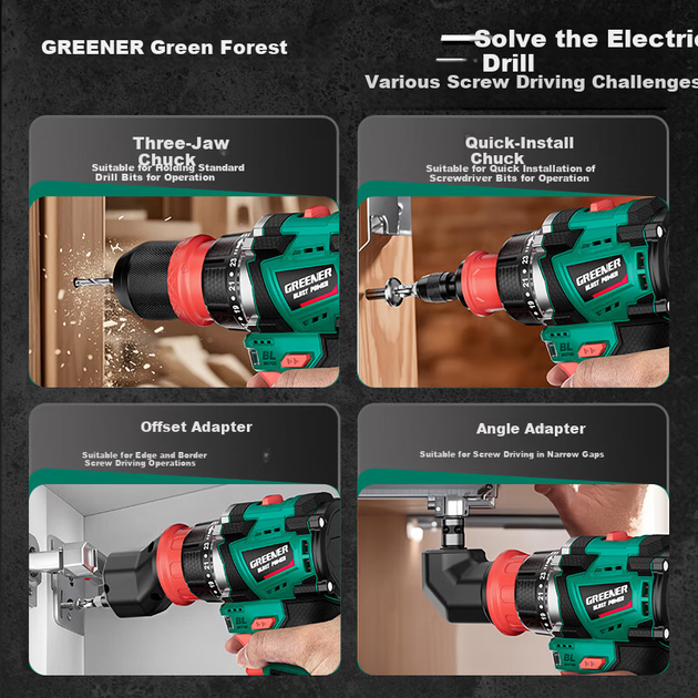 Аккумуляторная бесщеточная дрель Greenlin 16,8 В, многофункциональная литиевая батарея 4-в-1, быстросменный патрон, бытовой электроинструмент, ручная ударная дрель. - изображение 8