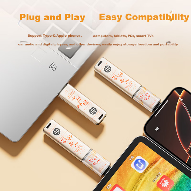 Флеш-накопитель HP 256 ГБ USB 3.2 с адаптером Apple и ремешком против потери, Xinxinshi оранжевый. Большой объем USB-накопителя для учебы, офиса, аукционов, мобильных телефонов, компьютеров, автомобиля. Универсальный флеш-накопитель. - изображение 6