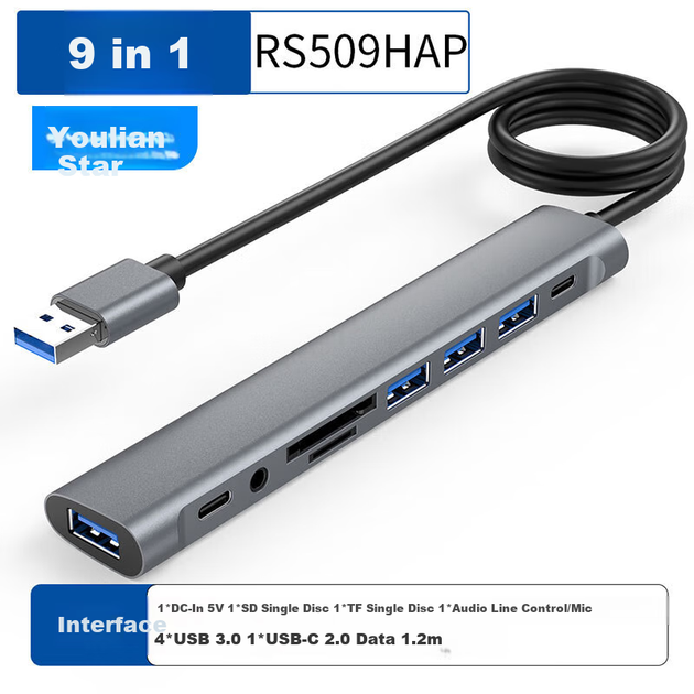 Розширювальна док-станція Youlianxing USB-хаб з 9 портами, подовжувач USB 3.0 1,2 м, перетворюється на 3,5-мм роз'єм для навушників та SD-карт, розширювальна док-станція-хаб для настільного комп'ютера, миші, клавіатури, USB-накопичувача - изображение 5